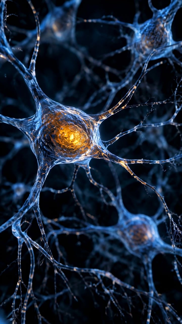 View moves steadily toward illuminated cell body while scattered golden pulses brighten across connected branches, revealing layered blue filaments and softly blurred neurons behind.