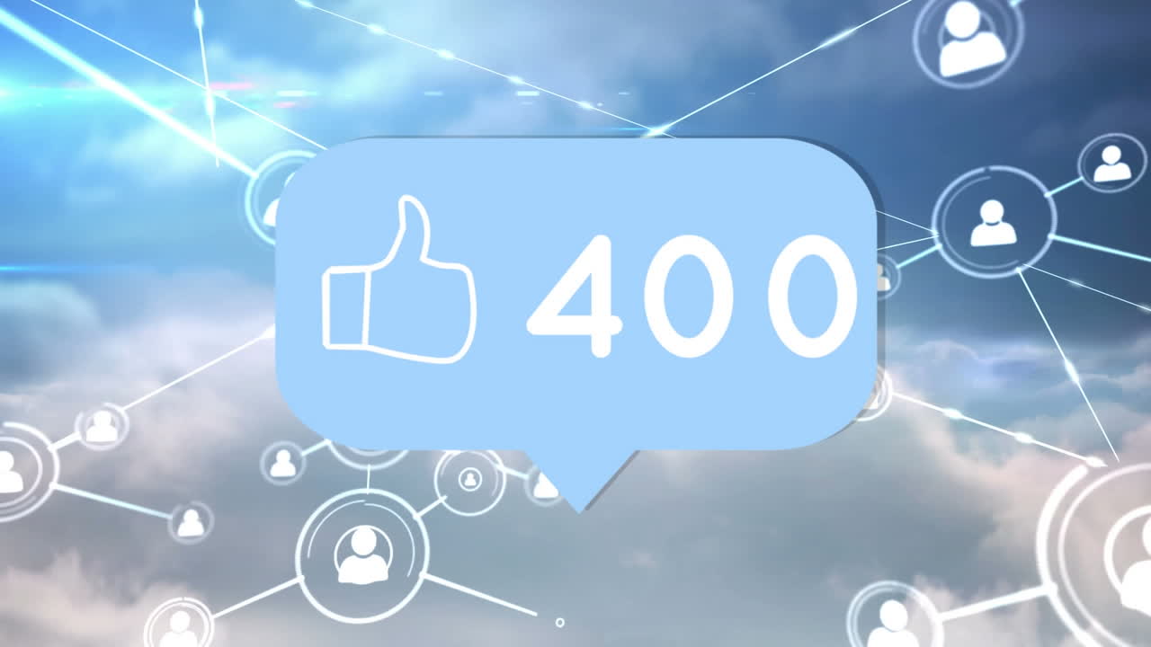 Animation of social media icons over network of connections with statistics