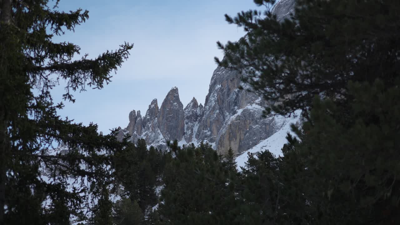 fotografía de paralaje de la cima de una montaña alpina cubierta de nieve enmarcada por árboles oscuros