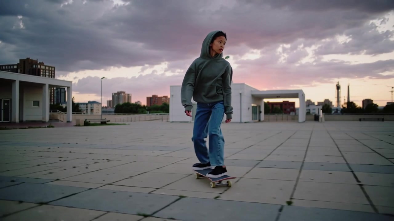 Young Skater Riding a Skateboard on an Urban Plaza at Sunset