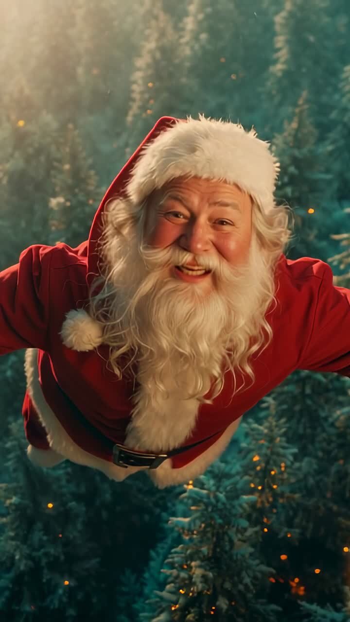 Vertical video: Approaching on cam, red-suited Santa leaning and laughing in snowy pines, cheering