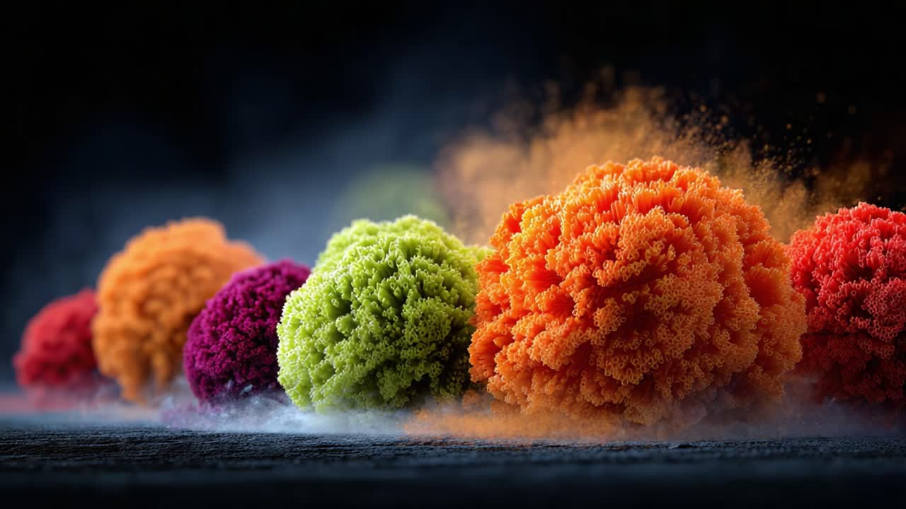 A Vivid Display of Colorful Textures: A Sequence of Brightly Colored, Fluffy Shapes Surrounded by a Dreamy Foggy Atmosphere Perfect for a Creative Art Piece