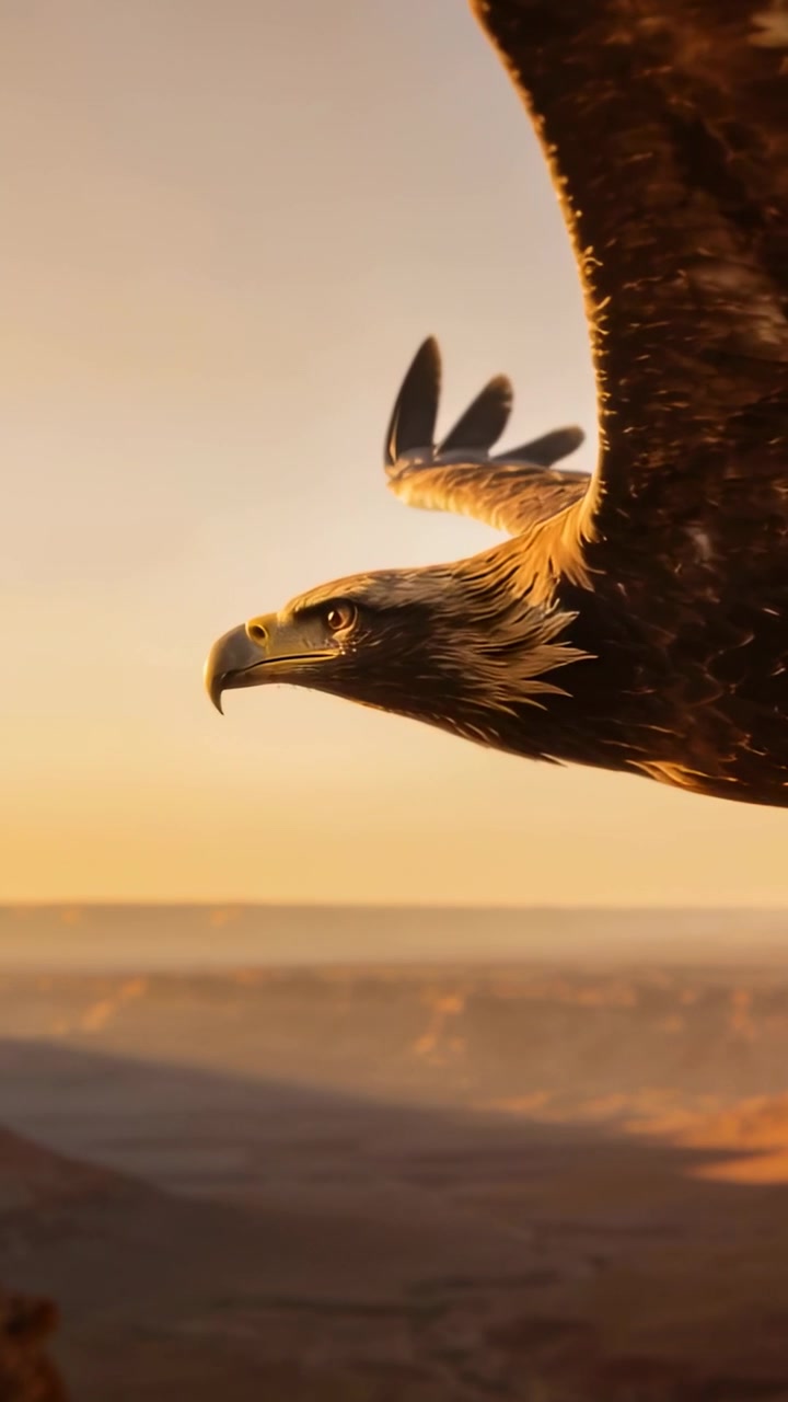 Vidéo verticale : Rapace planant ajustant son aile au-dessus d'un canyon, profitant des courants ascendants, scrutant l'horizon ensoleillé
