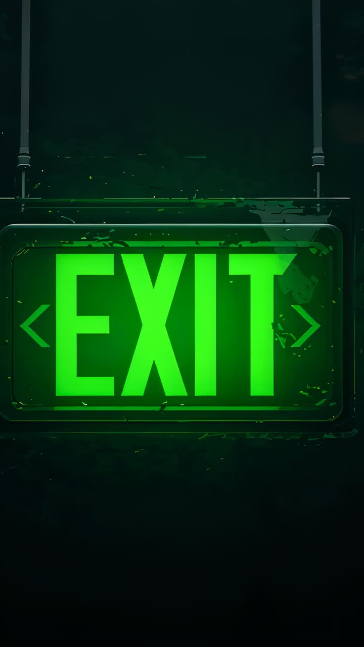 Vertical video: Nudging camera zooming lit green EXIT sign in hall, showing scuffs and grime