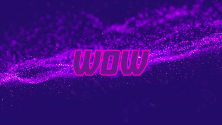 Animation of wow text over purple mesh on purple background