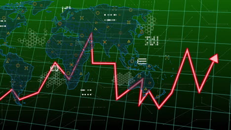 global financial data analysis animation over world map with fluctuating red graph