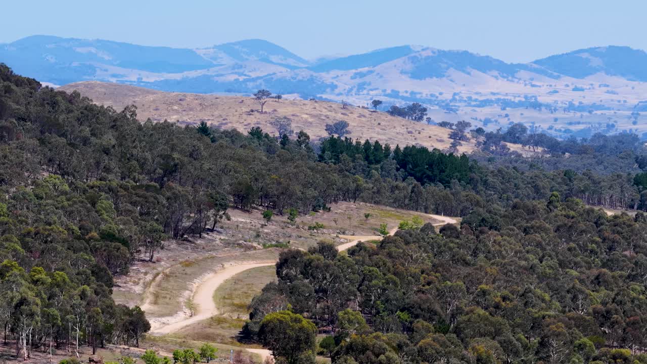 Toma cenital con dron de un camino de tierra para bicicletas de montaña que serpentea por la maleza australiana