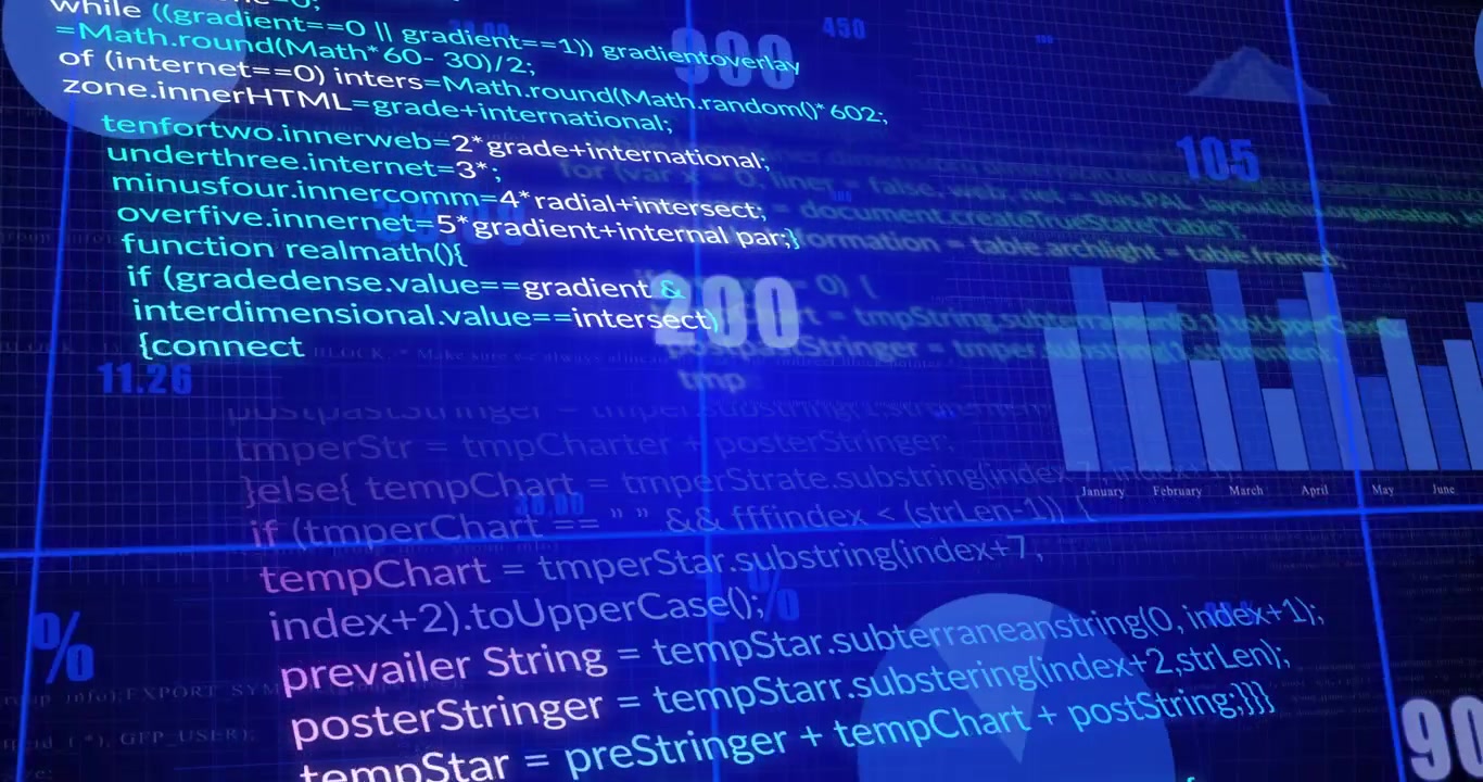 Opening blue grid starting code and chart scrolling updating data percentages visualizing analytics