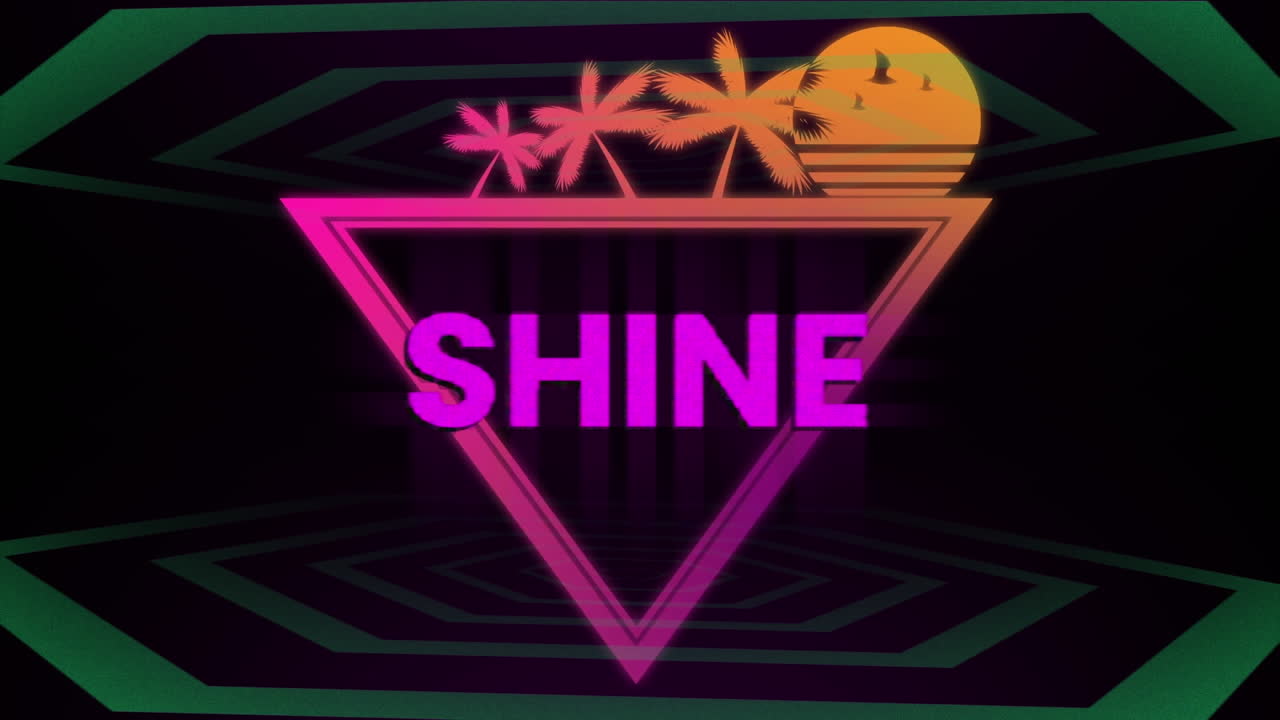 Animation of shine text over graphic with beach on black background