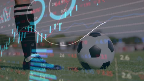 soccer ball on grass with financial data processing animation overlay