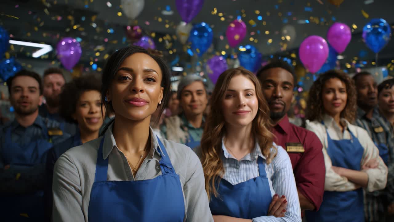 A vibrant celebration featuring a diverse group of employees joyfully participating in a festive atmosphere, surrounded by colorful balloons, confetti, and smiles, showcasing team spirit and camaraderie