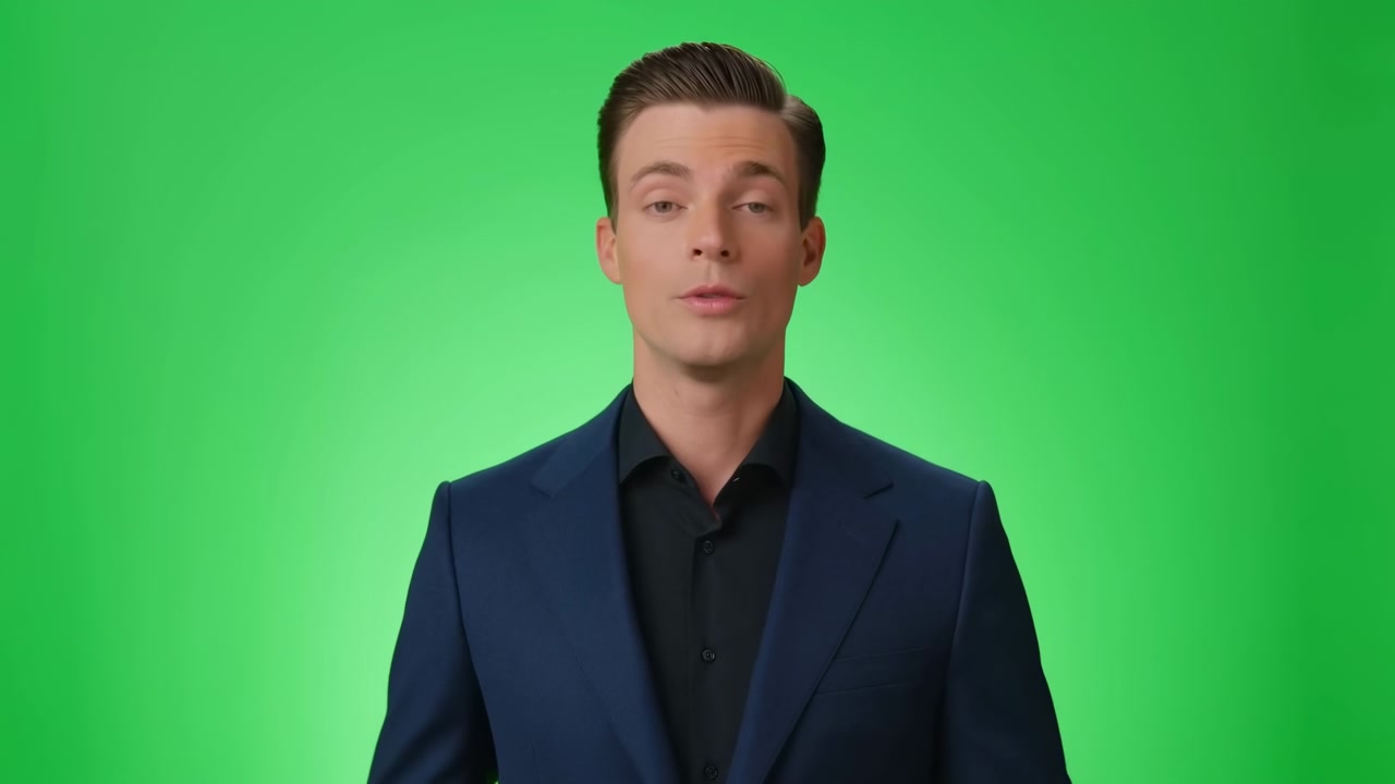 Mandlig præsentator i jakkesæt foran green screen taler direkte til kameraet med selvsikre gestus, studiebelysning.
