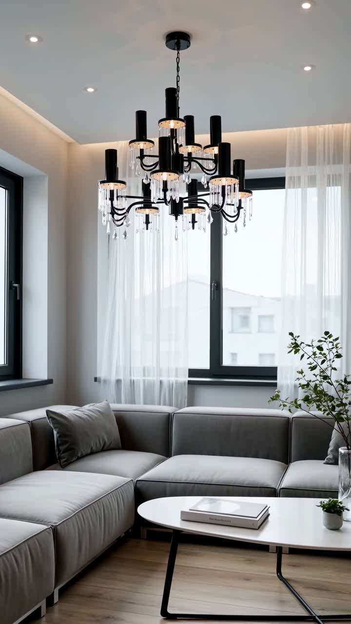 Modern Living Room with Elegant Chandelier and Grey Sectional Sofa