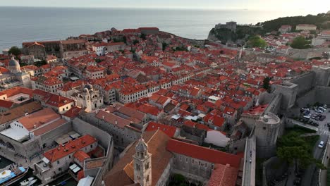 dubrovnik orange city at sunrise. aerial dolly in view