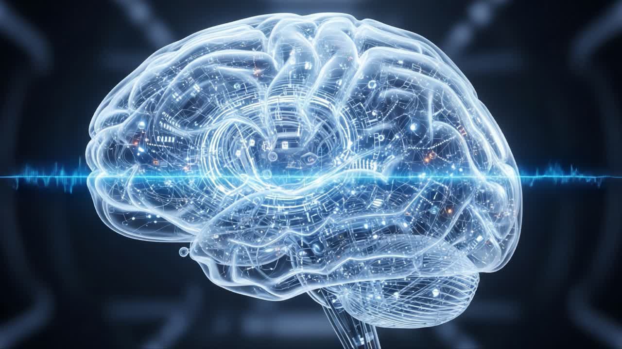 An Artistic Representation of a Digital Brain Featuring Complex Neural Networks and Dynamic Sound Waves, Illustrating the Fusion of Technology and Intelligence