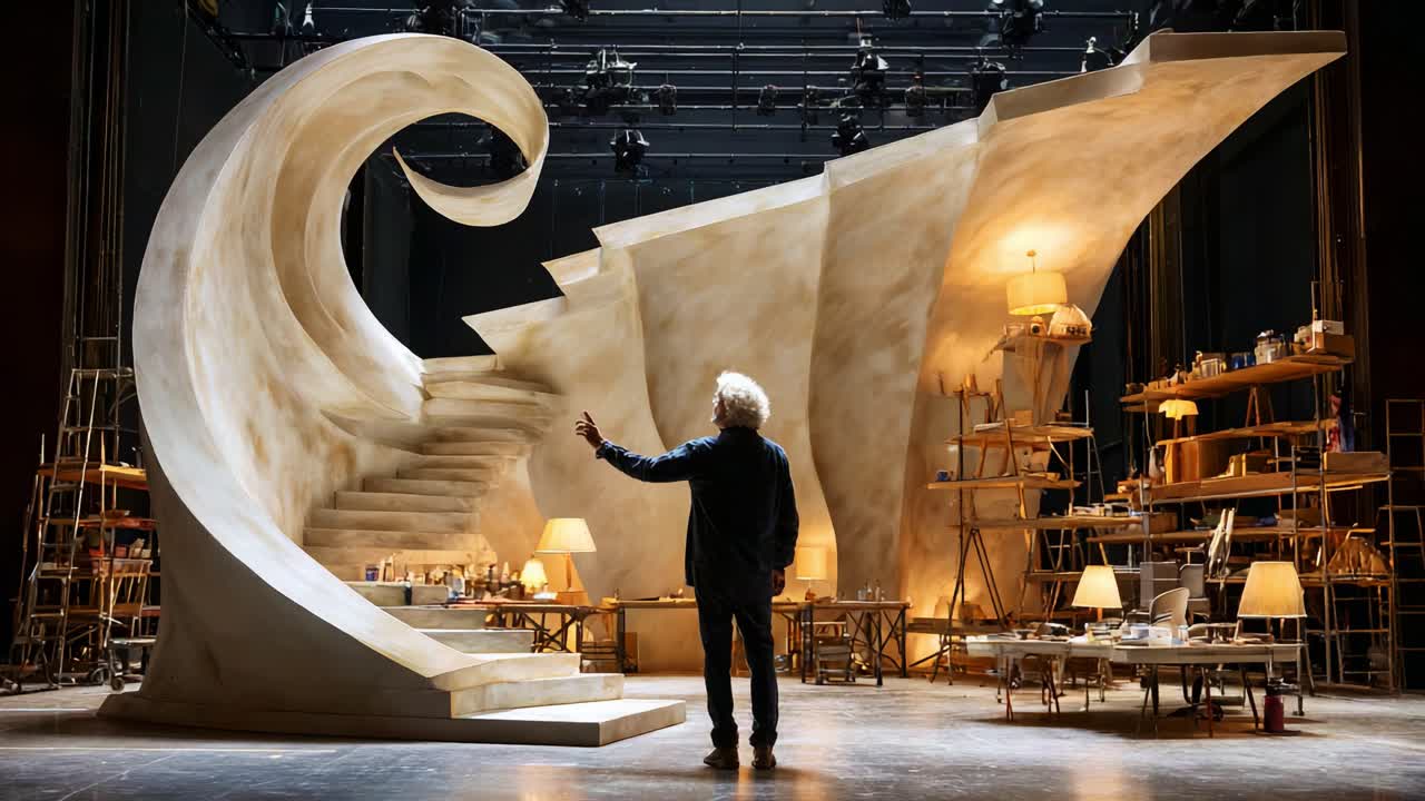 A Dramatic Transformation: The Surreal Stage Design of a Theatrical Performance Showcasing Unique Architecture with Curved Forms and Exquisite Lighting Effects