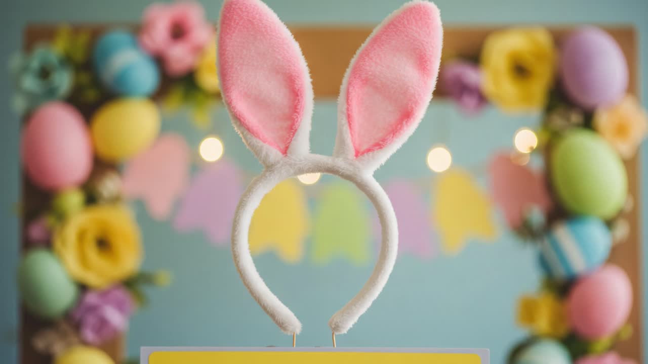 Brightly Decorated Easter Frame Featuring a Cute Bunny Ear Headband Surrounded by Colorful Eggs and Flowers for a Festive Celebration