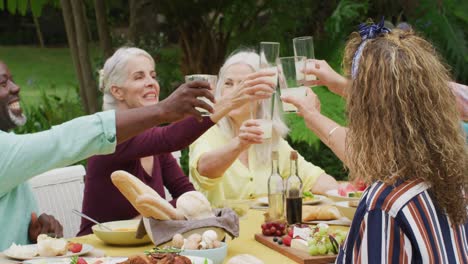 animation of diverse happy senior female and male friends eating lunch in garden, toasting