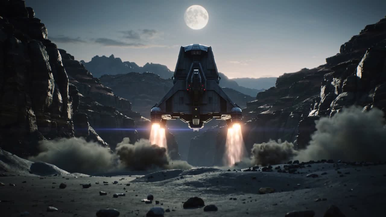 Firing twin thrusters, triangular craft hovering above full-moon canyon for stability, raising dust