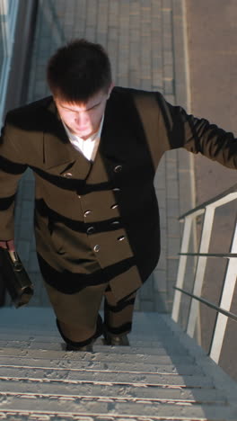 hombre de negocios subiendo la escalera, cambiando el maletín de la mano izquierda a la derecha, la luz del sol reflejándose en la cara, con una barandilla de hierro en la escalera y una sombra proyectada en el suelo