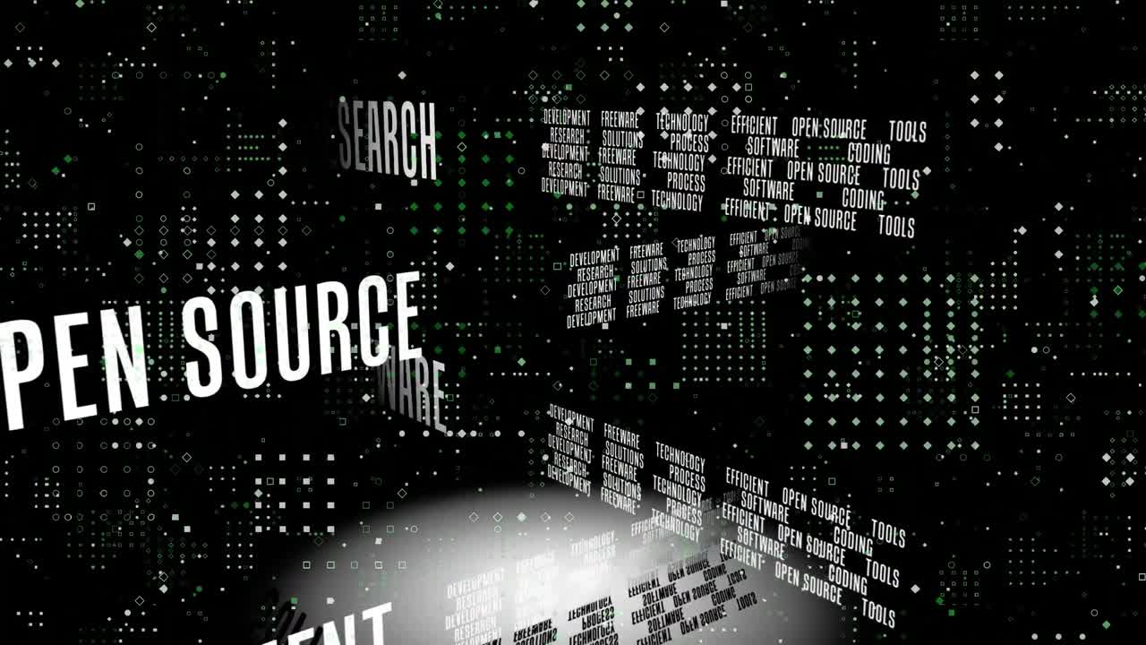 animatie van textuele zakelijke termen, met gele printplaat en gegevensverwerking, op zwart