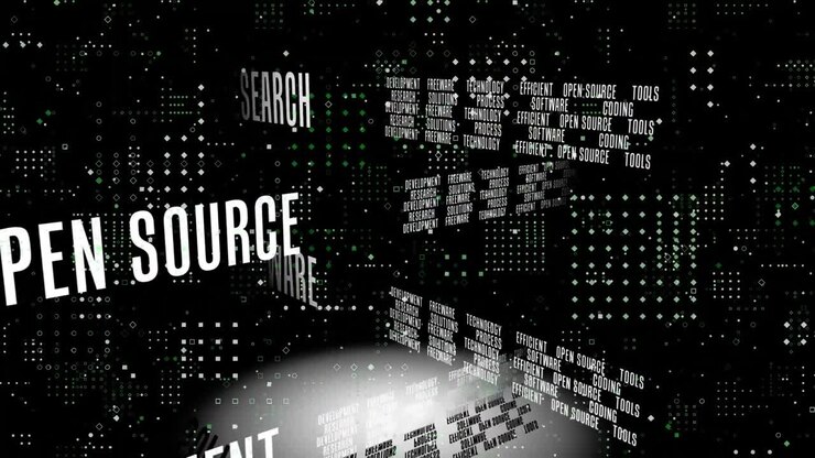 Animation of text business terms, with yellow circuitboard and data processing, on black