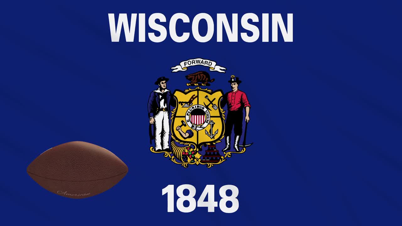 Bandiera del Wisconsin che sventola e palla da football americano che ruota, in loop