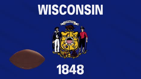 la bandera de wisconsin agita y la pelota de fútbol americano gira, en bucle