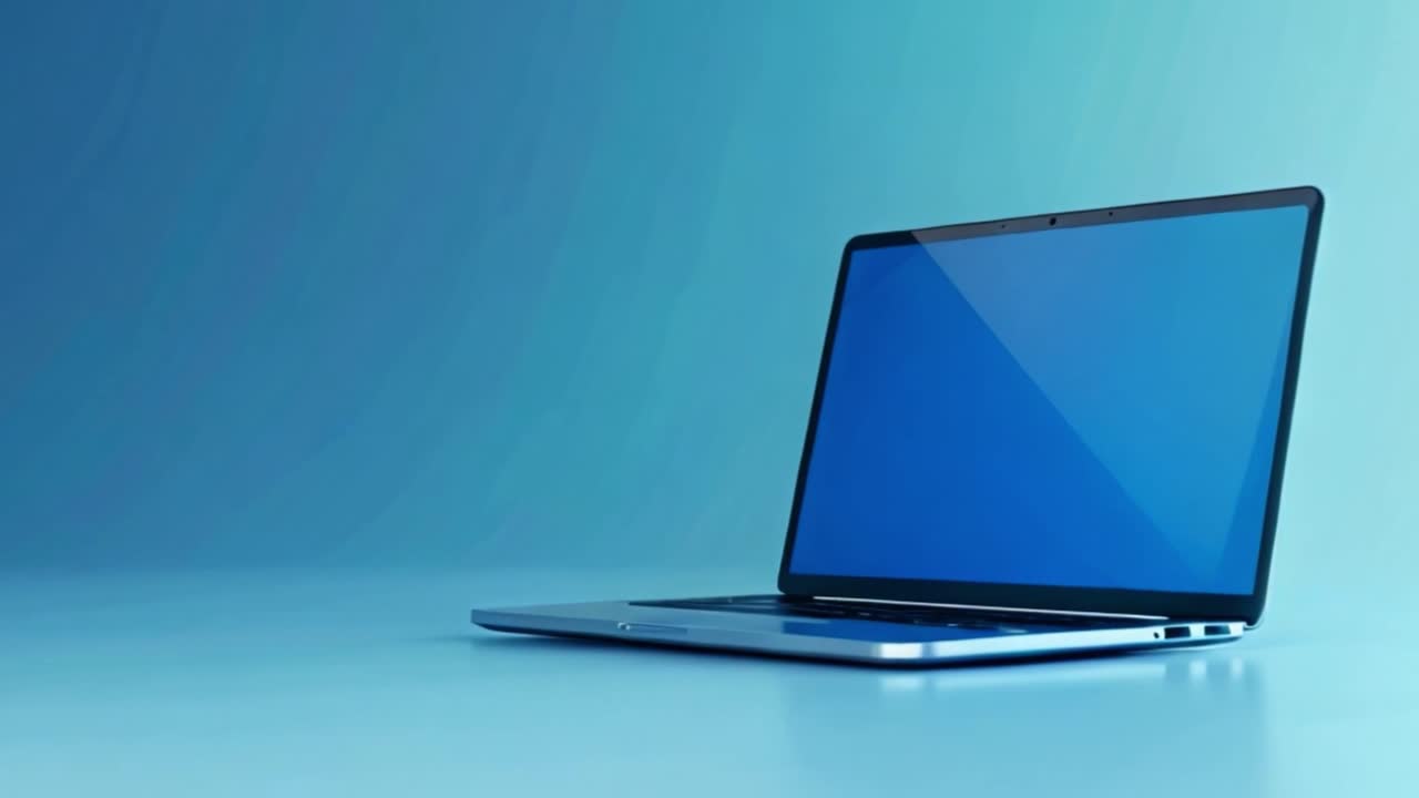 A modern laptop with a blank blue screen on a matching blue background