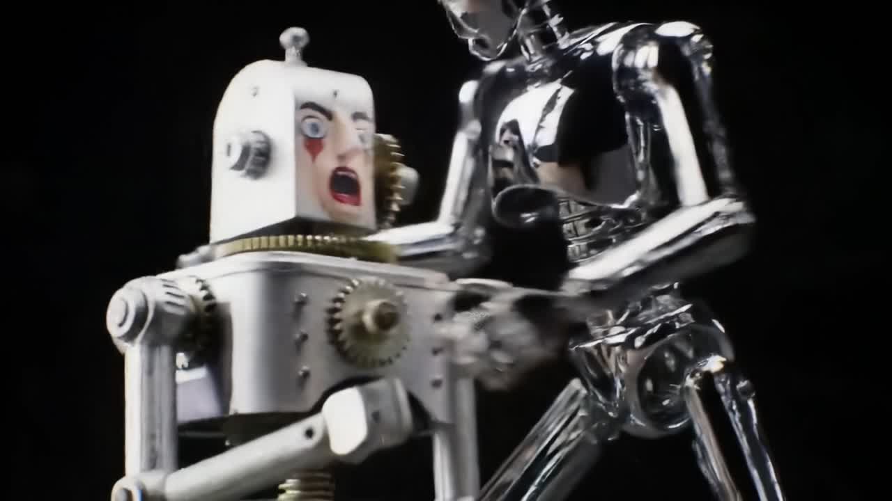 A Dramatic Encounter Between a Vintage Robot and a Futuristic Android: Exploring the Contrast of Metal Constructs in a Creative Display