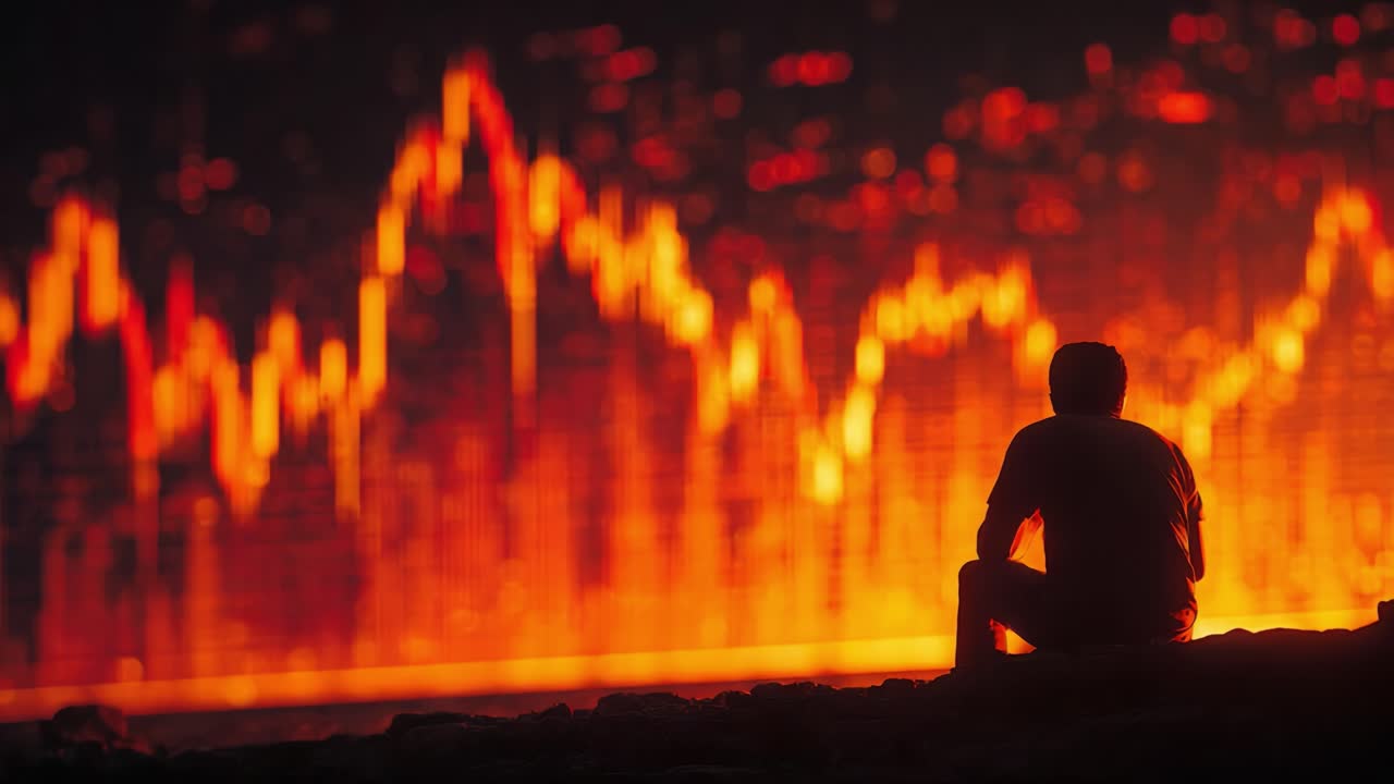 Silhouetted Individual Gazing at a Vibrant Data Visualization Displaying Financial Trends in a Fiery Color Palette of Reds and Oranges