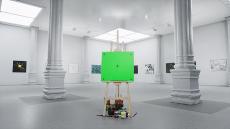 lienzo de pantalla verde vacío en un caballete en una galería de arte