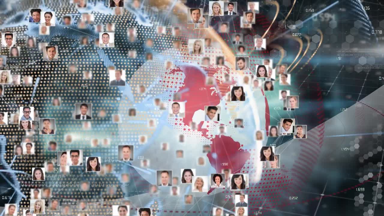 전 세계를 돌아다니는 다양한 남녀 사업가들의 사진의 애니메이션