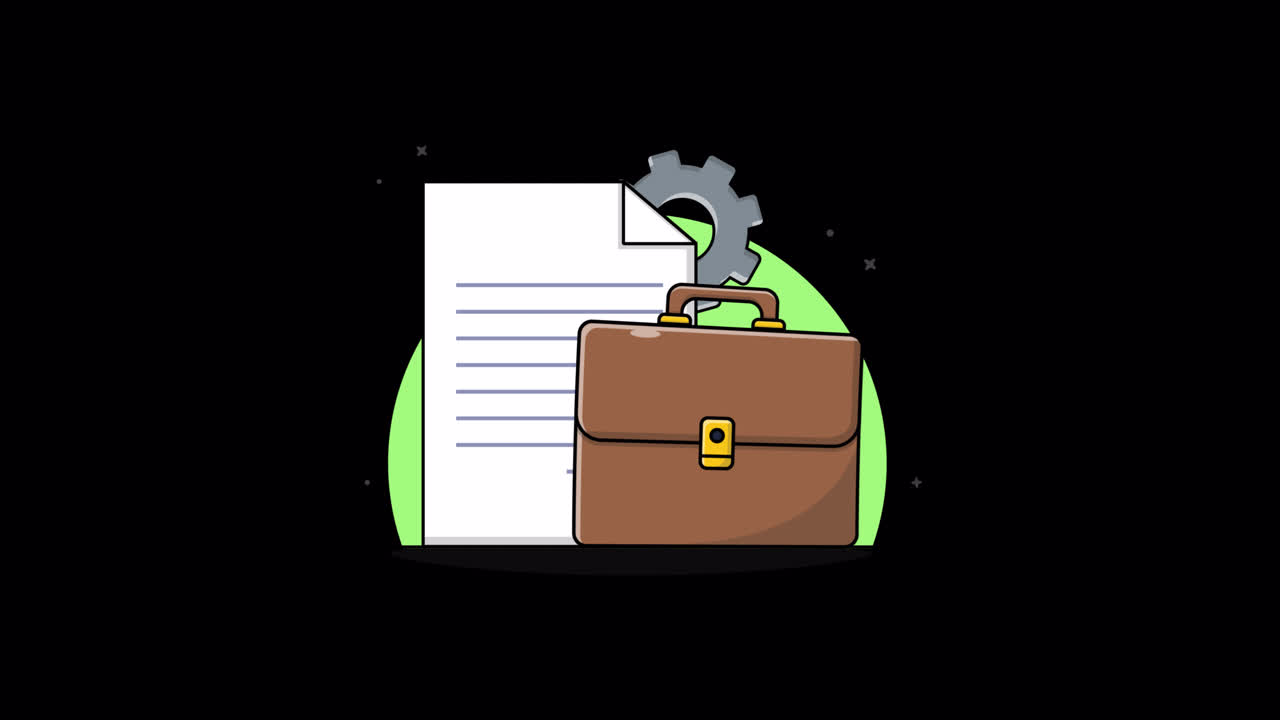 Illustrazione Animata di Documento Aziendale, Valigetta e Ingranaggio Rotante