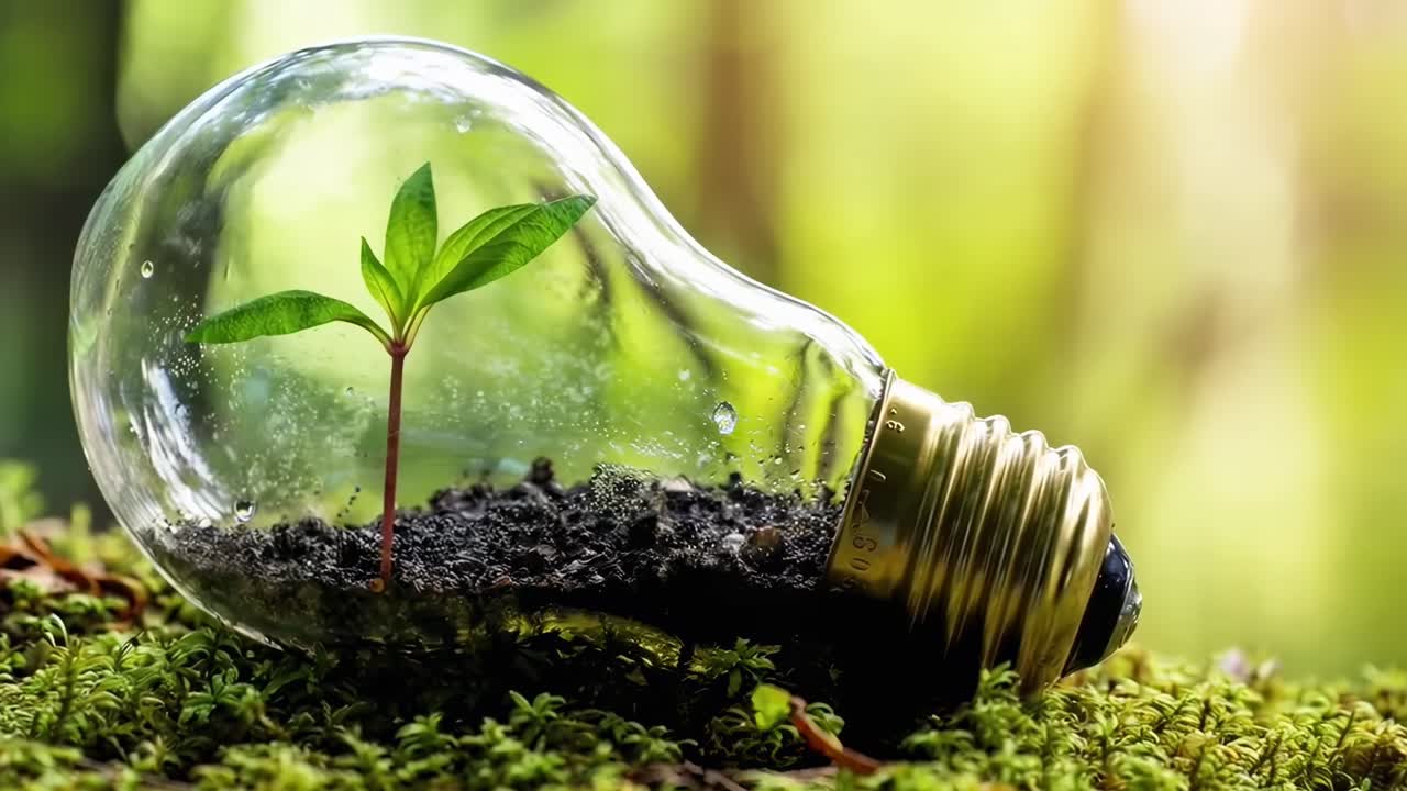 Close-up angle of a lightbulb with a plant inside, symbolizing growth Ideal for eco-themed videos