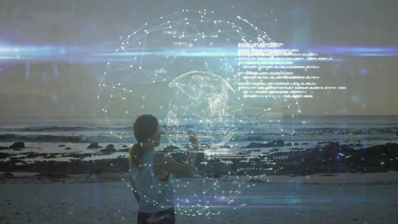 Interacting with digital network interface, person standing on beach with animation
