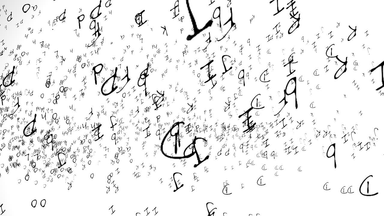Random Scattered alphabet characters fly upwards on white screen