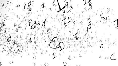 Random Scattered alphabet characters fly upwards on white screen