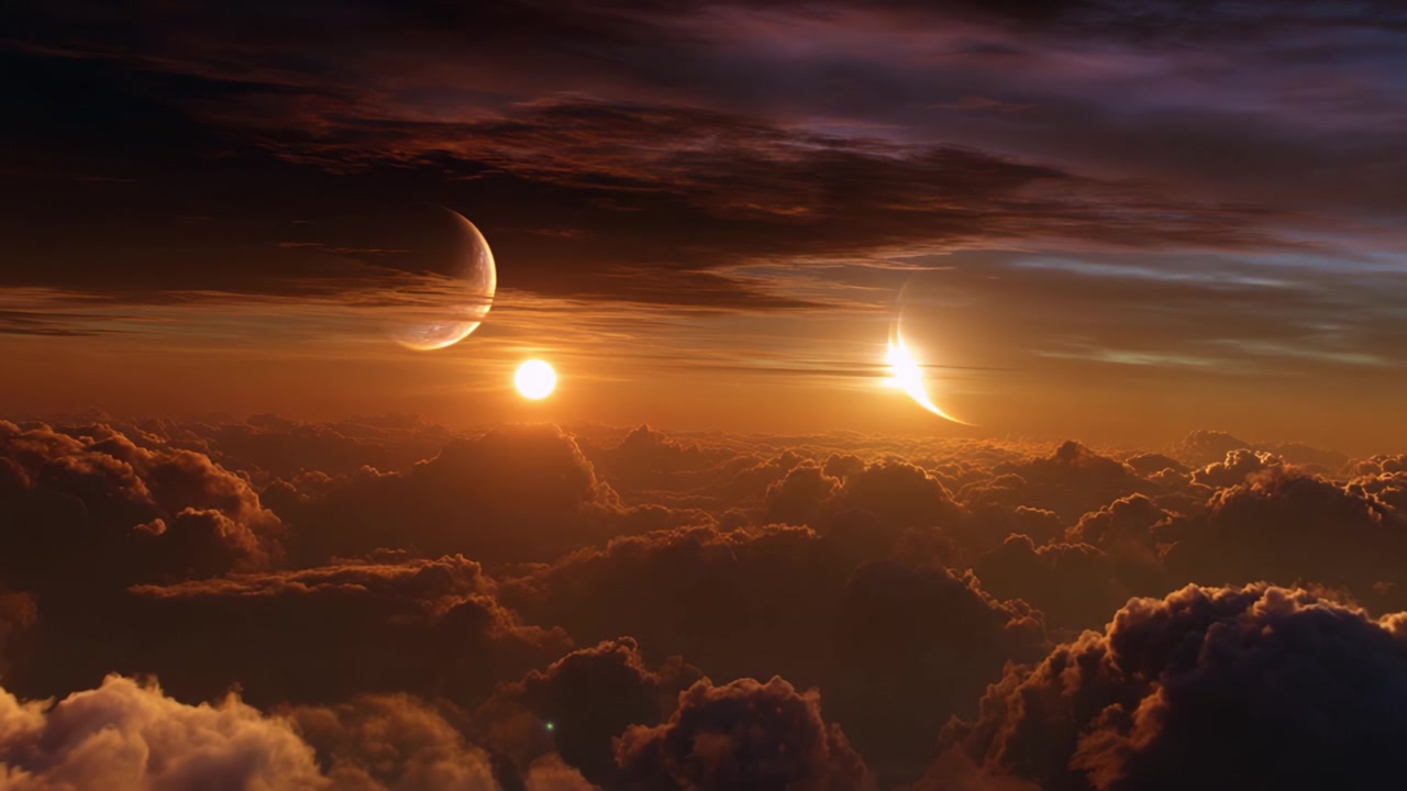A breathtaking celestial landscape featuring two planets and a magnificent sunset illuminating billowing clouds in a vibrant cosmic atmosphere.