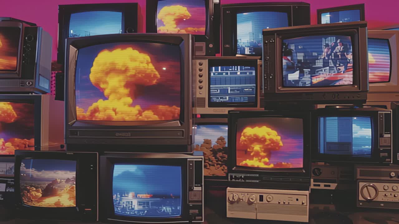 Stack of old CRT televisions in a dark studio broadcasting dramatic nuclear explosion footage, creating a retro media wall concept about breaking news, crisis and mass communication