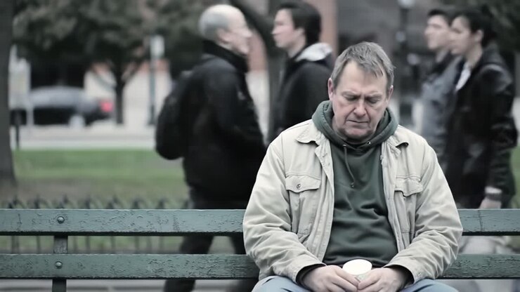 A Solitary Man Sitting on a Bench, Lost in Thought Amidst the Busy Urban Scene, Signifying Loneliness and Reflection in a Chaotic World