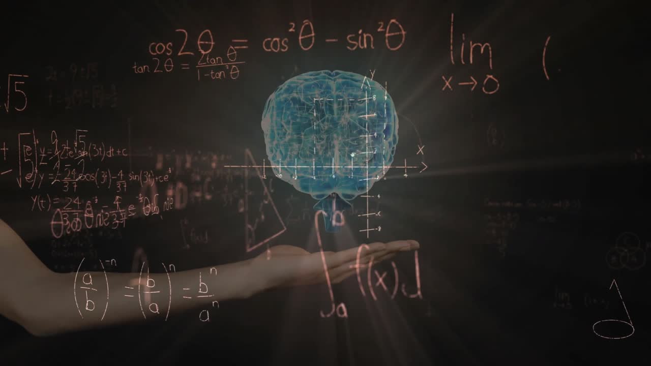 Human arm sliding from left forming 3D brain hologram rotating, formulas showing math concepts