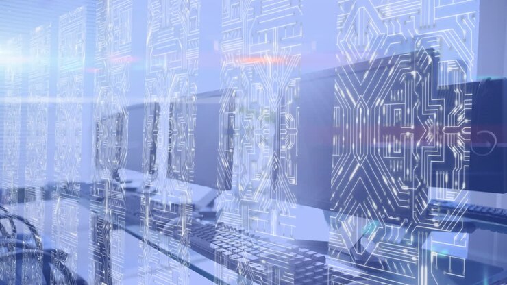 Animation of computer circuit boards over computers in empty office on blue background