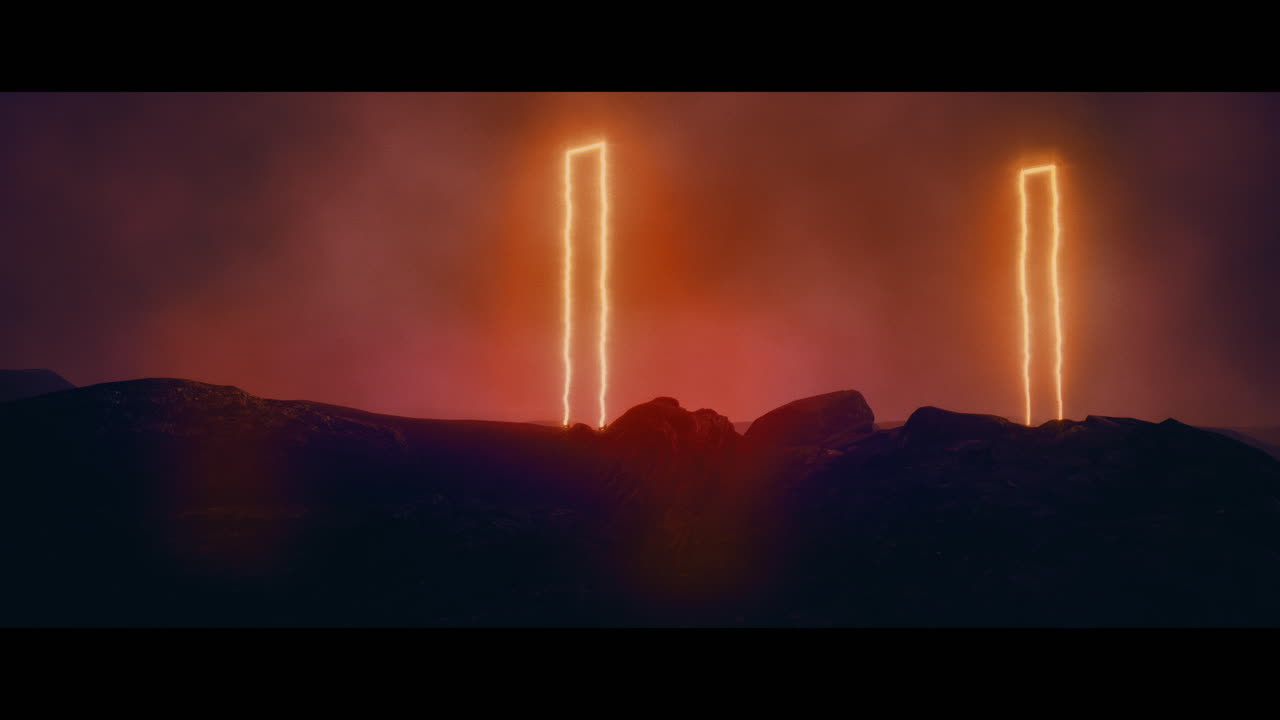 Rocky landscape with huge red light portal structures