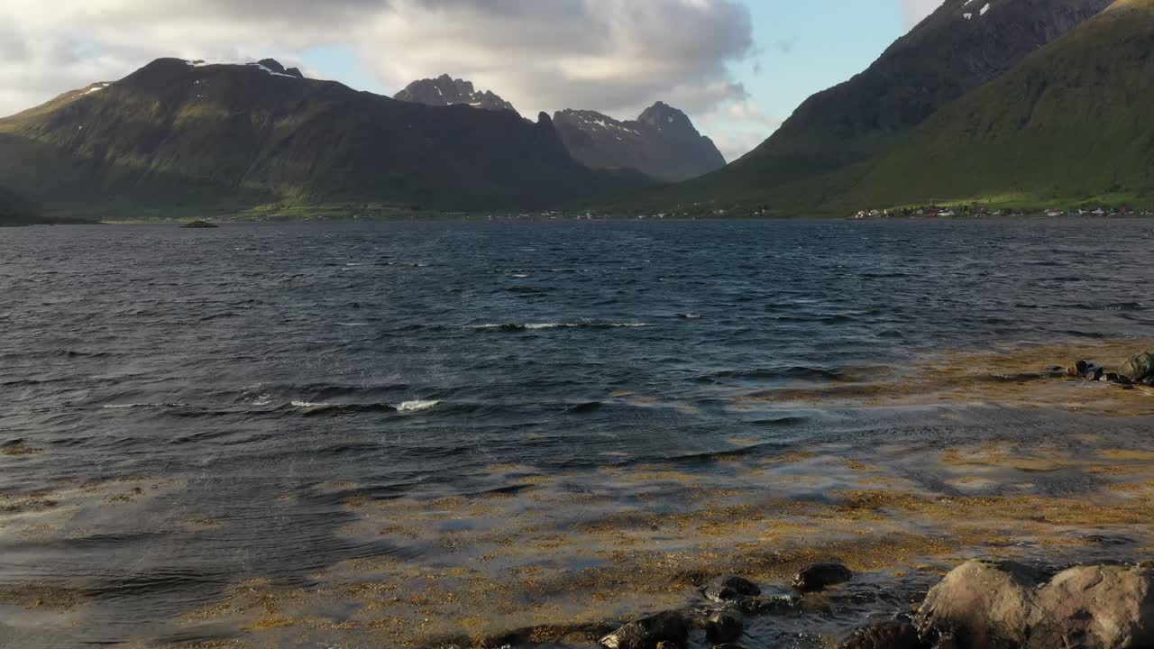 자연의 배경에 노르웨이의  ⁇ 발을 흔들고 있는 여성