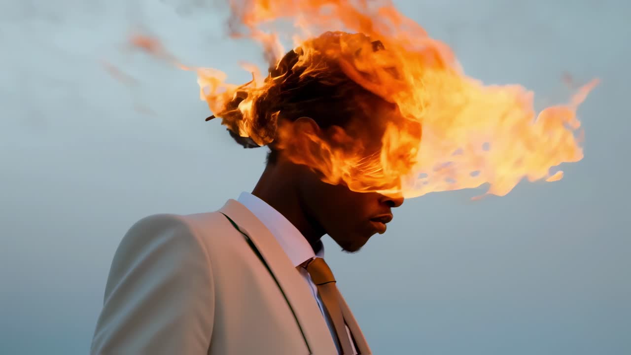 Businessman experiencing intense mental stress, head engulfed in flames while standing alone in barren desert landscape, symbolizing professional burnout and emotional overwhelm