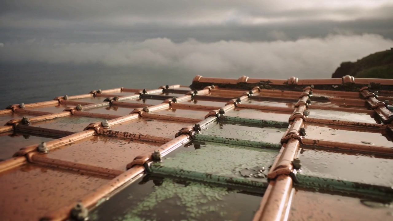 Panning camera revealing wet glass skylight panels on coastal roof, documenting copper grid patina