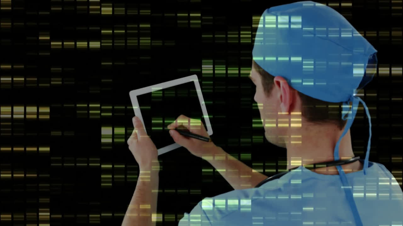 Animation of moving columns over caucasian male doctor using tablet on black background