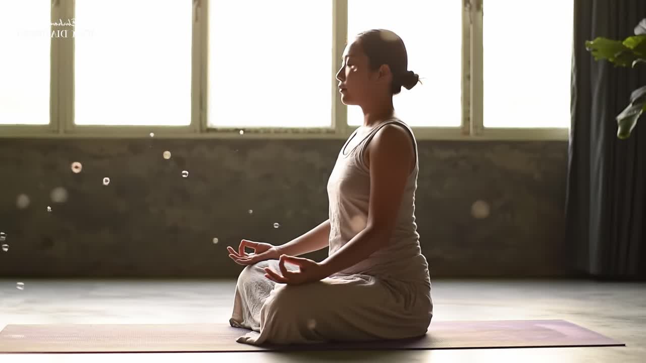 A Serene Moment of Mindfulness: A Woman Practicing Meditation in a Calm Space Surrounded by Natural Light and Comforting Ambiance