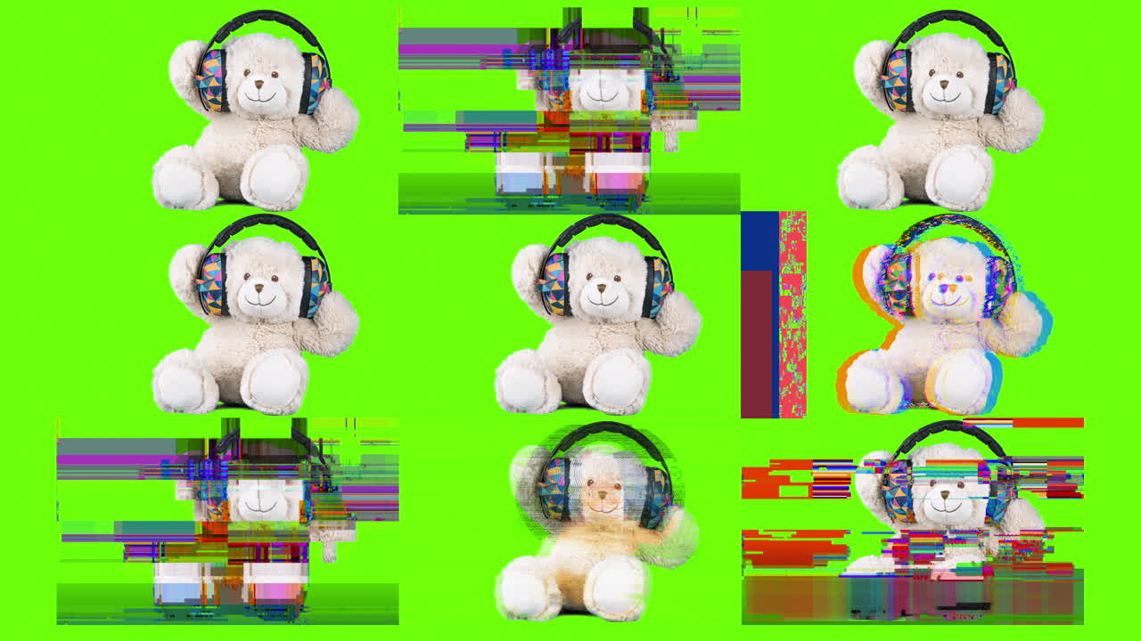 osos de peluche con auriculares en un fondo colorido con ruido